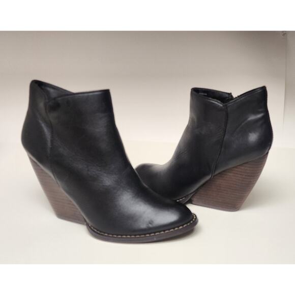 REBA Entertain Black Leather Zip High Wedge Heel Ankle Boots Womens Size 8 - Picture 1 of 12